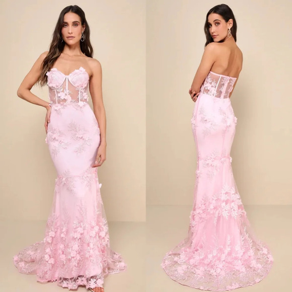 Lulus Radiant Expectations Pink Embroidered Floral Bustier Maxi Dress L Party - Picture 1 of 11